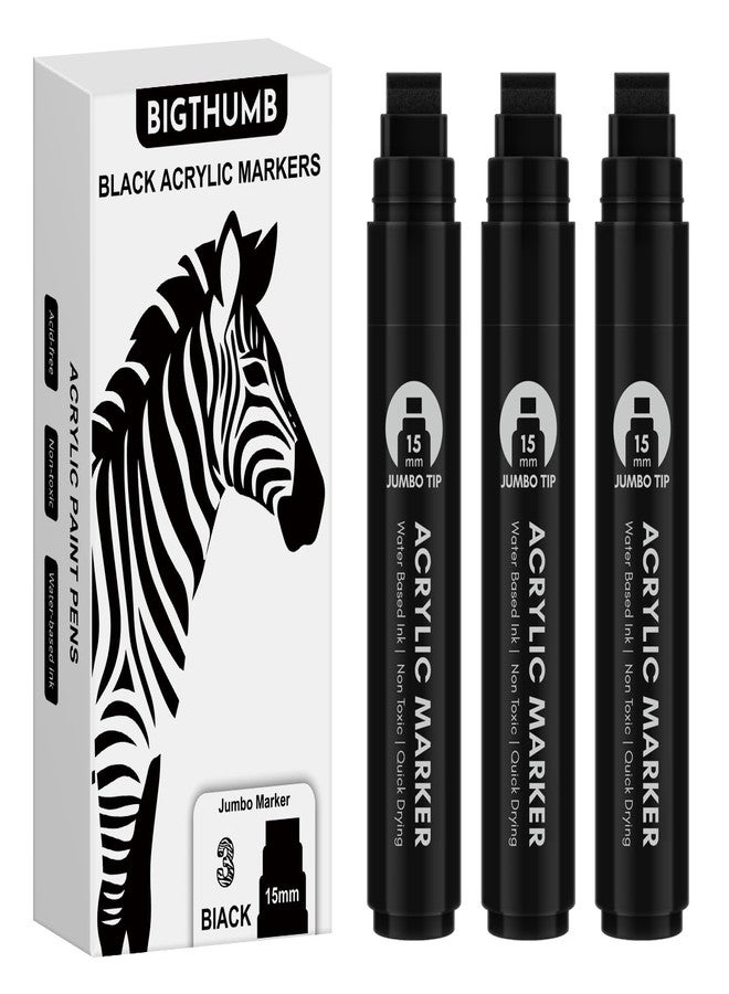 BIGTHUMB 3 Pcs Black Jumbo Permanent Markers: 15mm Wide Tip Thick Acrylic Paint Pen Large Calligraphy Marker for Rock Painting, Poster, Sign, Canvas, Glass, Wood, Ceramic - Image 1